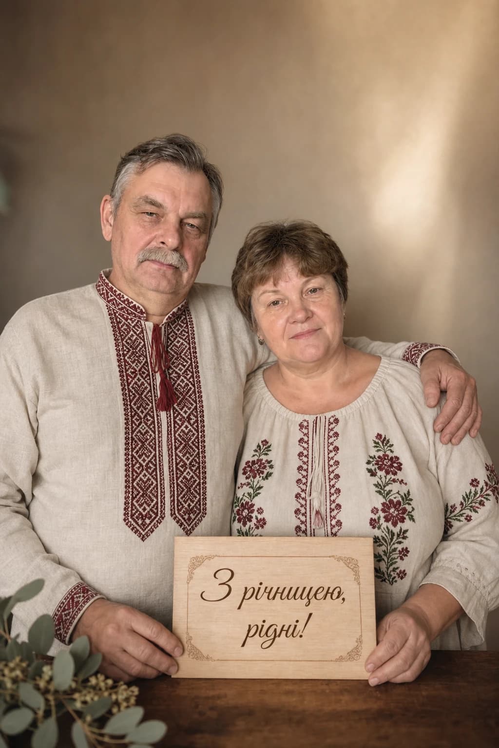 Та сама пара в урочистому образі з нагоди річниці весілля, напис «З річницею, рідні!».