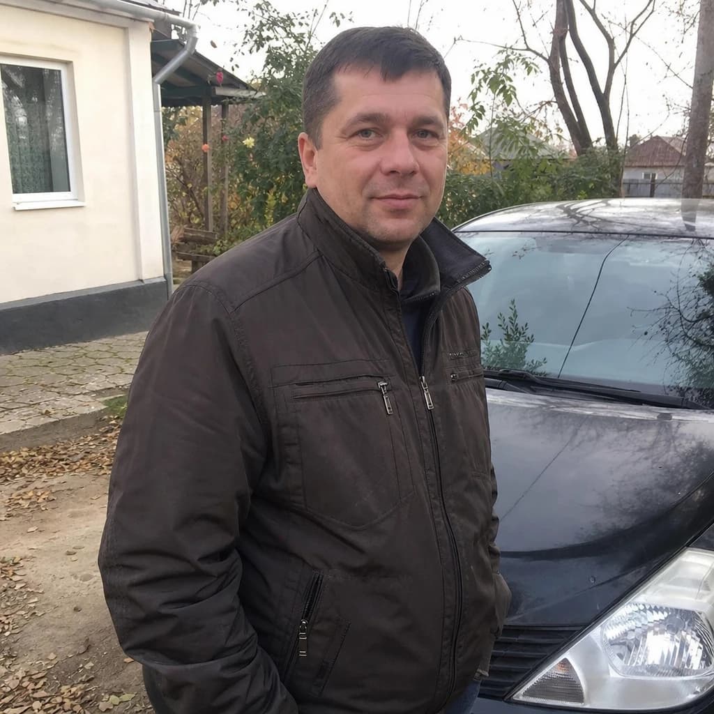 Чоловік середніх років у дворі біля авто, звичайне фото зі смартфона.