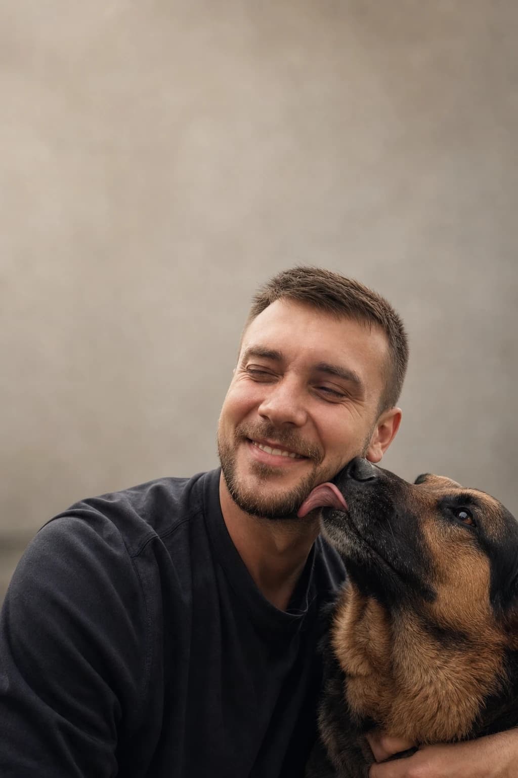 Той самий чоловік і собака у святкових ковпаках з тортом, напис «З Днюхою, Андрію!».