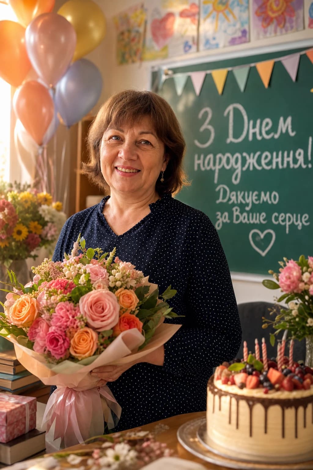 Ольга Іванівна, 50: святкове фото на день народження, напис «З Днем народження!»