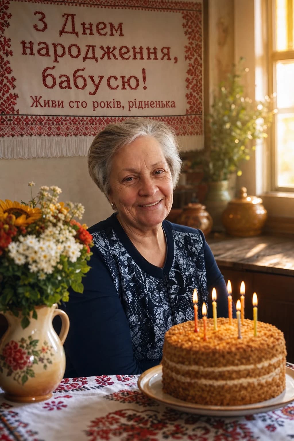 Бабуся Галина, 70: святкове фото на день народження, напис «З Днем народження, бабусю!»